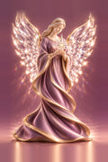 Porcelain angel in a mauve gown with gold trim and sparkling crystal wings holding a small crystal star, on a mauve background