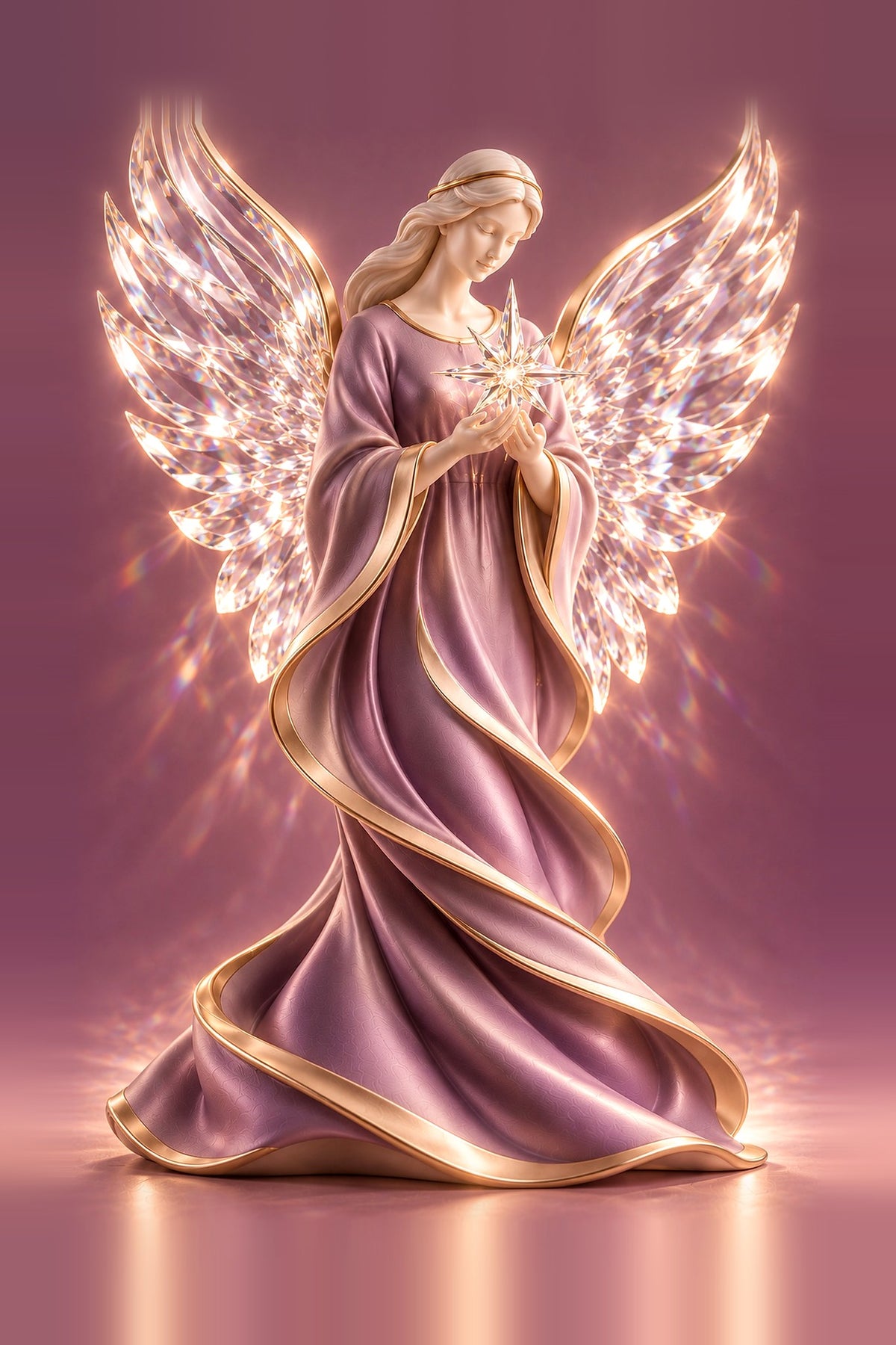 Porcelain angel in a mauve gown with gold trim and sparkling crystal wings holding a small crystal star, on a mauve background