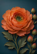 Tangerine Ranunculus — a tangerine porcelain-relief ranunculus with layered petals beside a stem of coral buds on deep teal