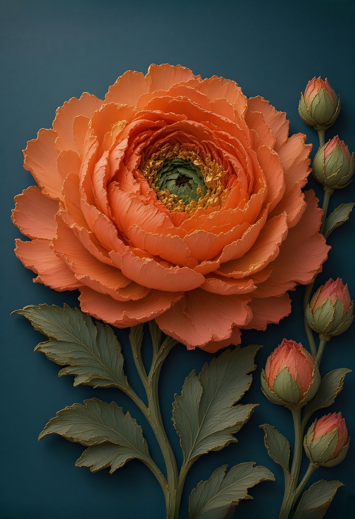 Tangerine Ranunculus — a tangerine porcelain-relief ranunculus with layered petals beside a stem of coral buds on deep teal