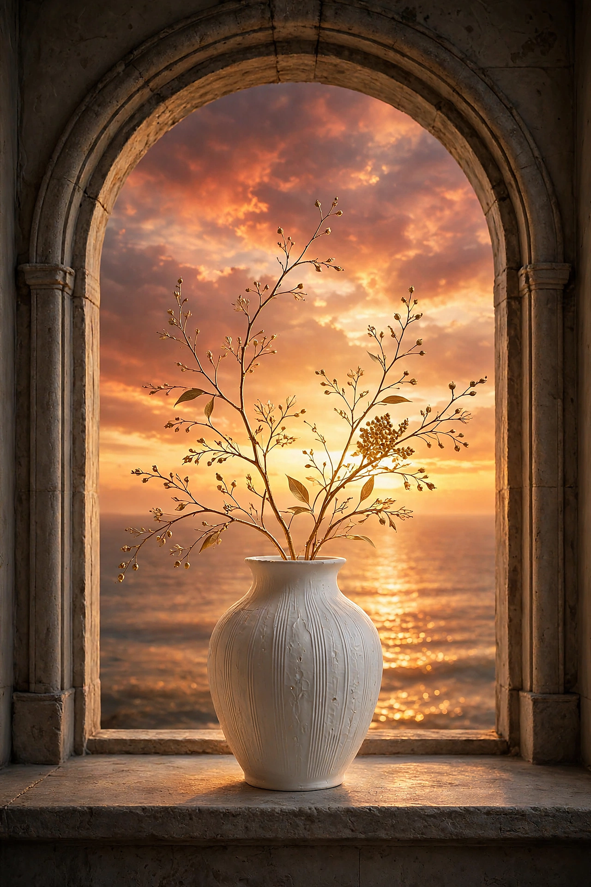White vase with golden branches in a stone arch overlooking a dramatic ocean sunset