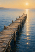Long wooden pier stretching into calm open water toward a low sun, reflection path beside the planks, oil painting