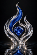 Faceted sapphire-blue heart in a crystal flame sculpture reflected on dark water