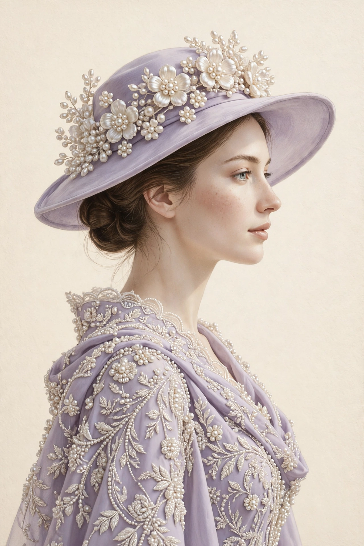 Whispers of Light — woman in profile in a soft lavender pearl-embroidered gown with a wide-brimmed hat crowned with pearl flowers, on a warm cream ground
