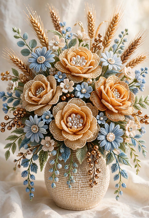 Bouquet Miel et Bleu beaded autumn wall art print