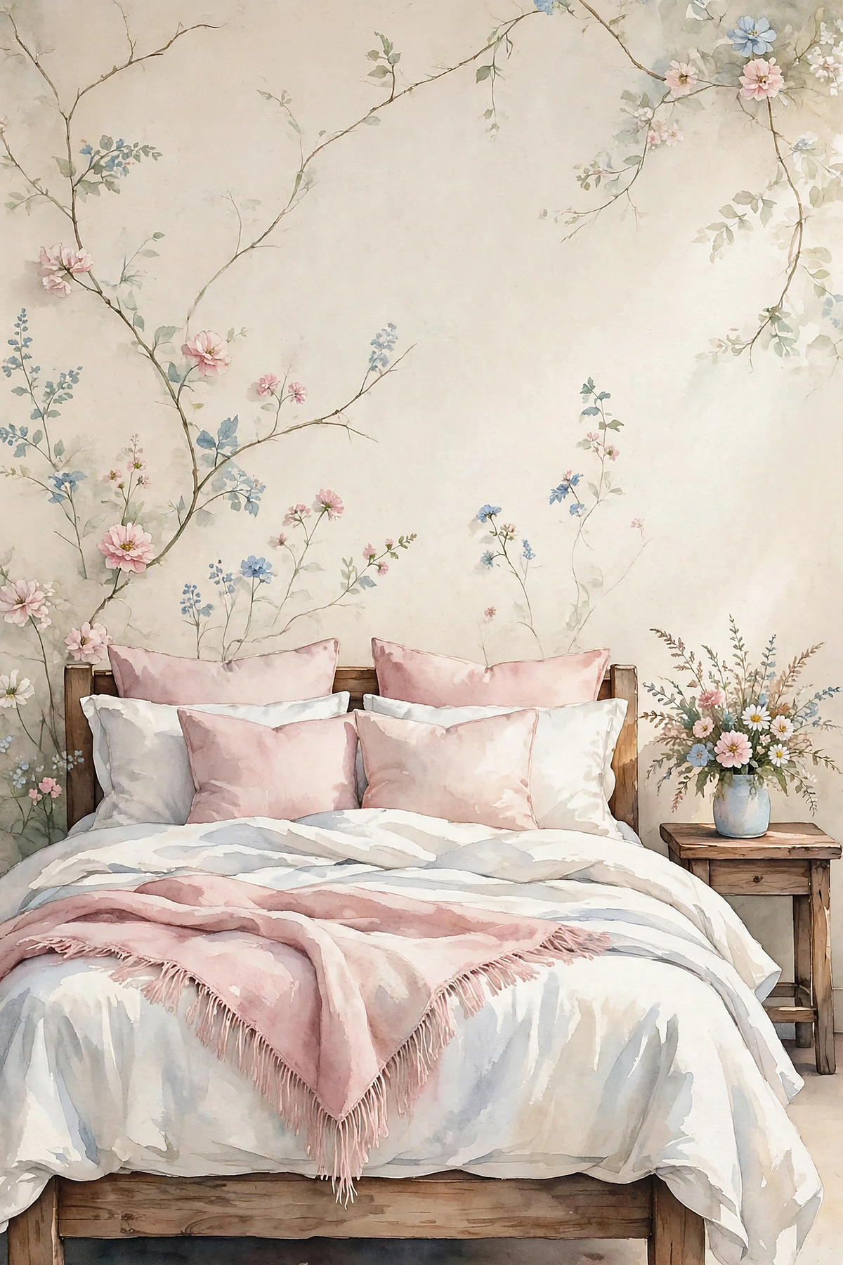 Blossom Bedroom Sanctuary — a cottage bedroom with delicate floral vines on the wall, layered white bedding, blush and sage pillows and a bouquet
