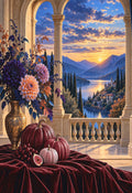 Twilight Lake — burgundy velvet pumpkins and dahlias on a marble terrace above a lake at sunset