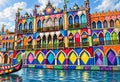 Gondola Before the Mosaic Palace — a gondola gliding before a palace patterned in colorful harlequin diamonds and ornate arches