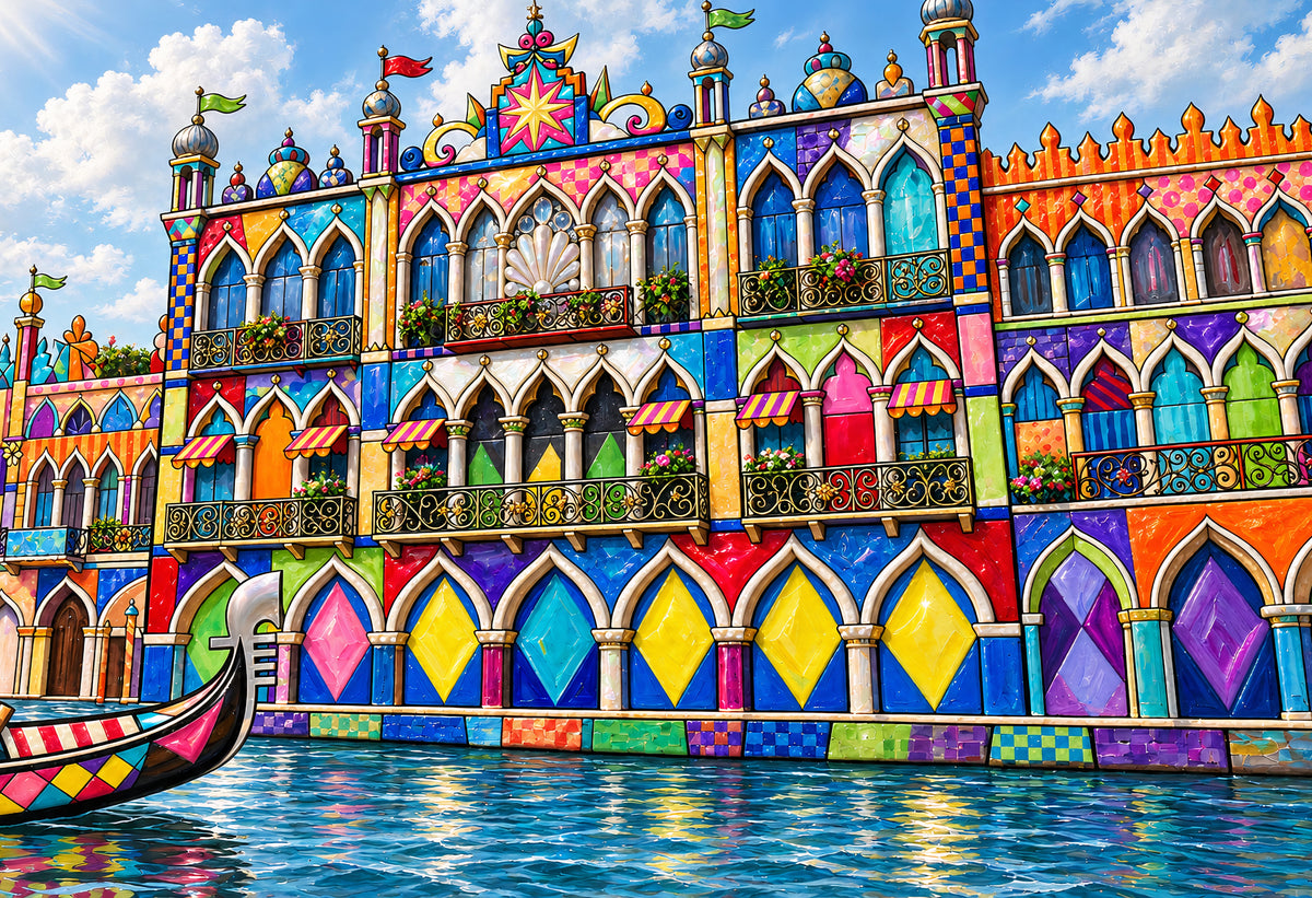 Gondola Before the Mosaic Palace — a gondola gliding before a palace patterned in colorful harlequin diamonds and ornate arches