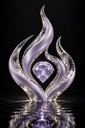 Faceted lavender heart in a crystal flame sculpture reflected on dark water