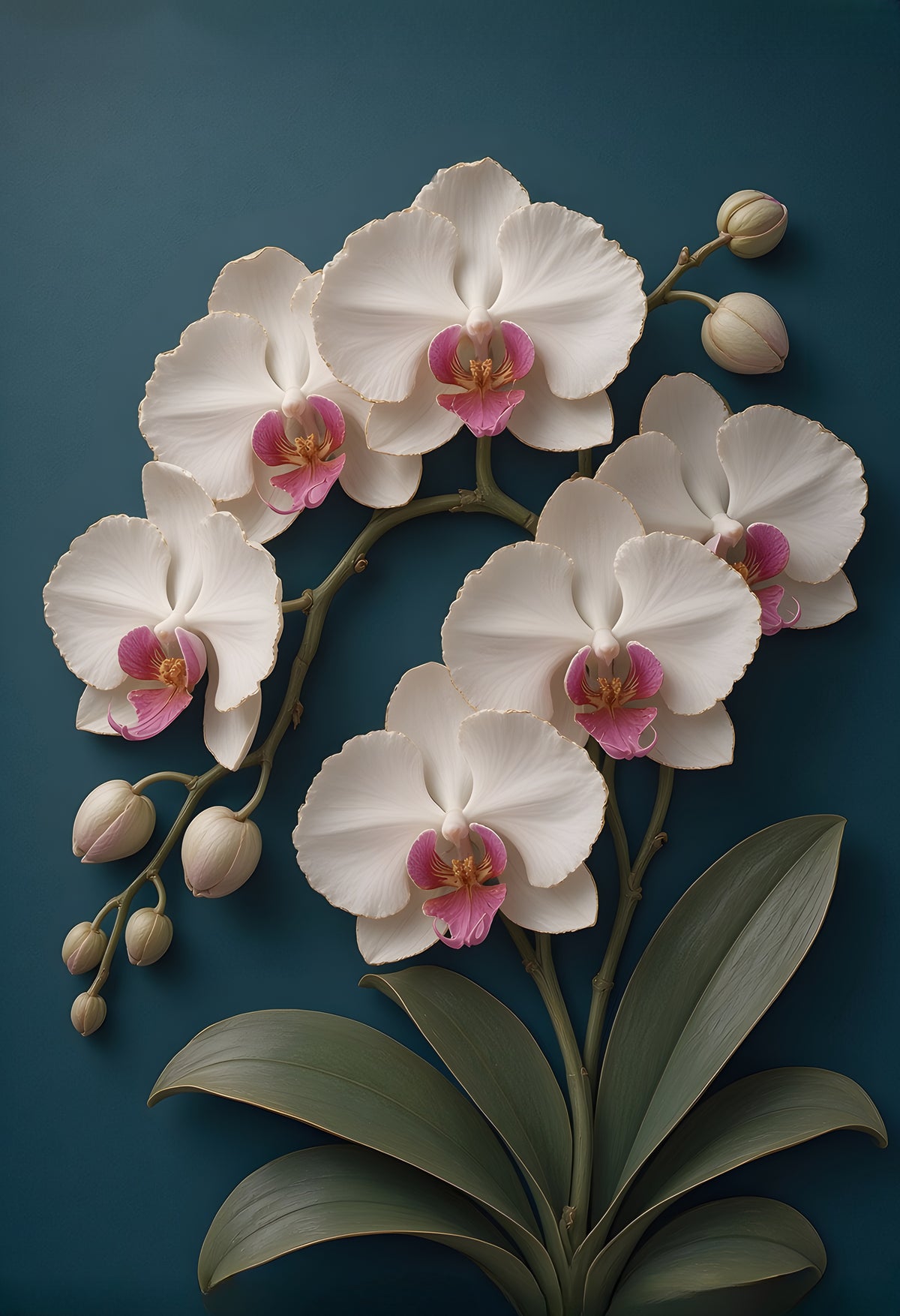 White Orchid Spray — an arching spray of white orchids with magenta-pink hearts, broad leaves and closed buds on deep teal