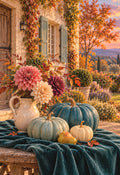 Autumn Garden — teal pumpkins and dahlias in a golden autumn garden