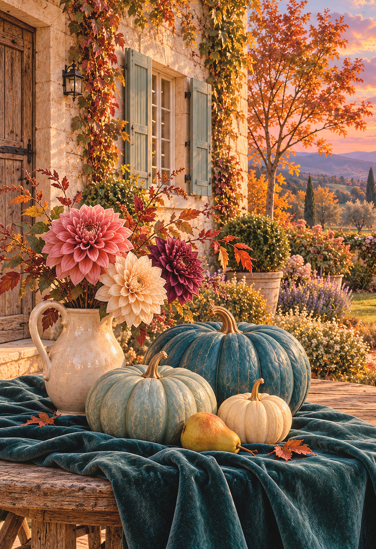 Autumn Garden — teal pumpkins and dahlias in a golden autumn garden