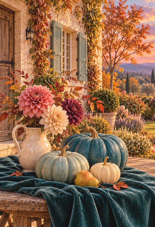 Autumn Garden — teal pumpkins and dahlias in a golden autumn garden
