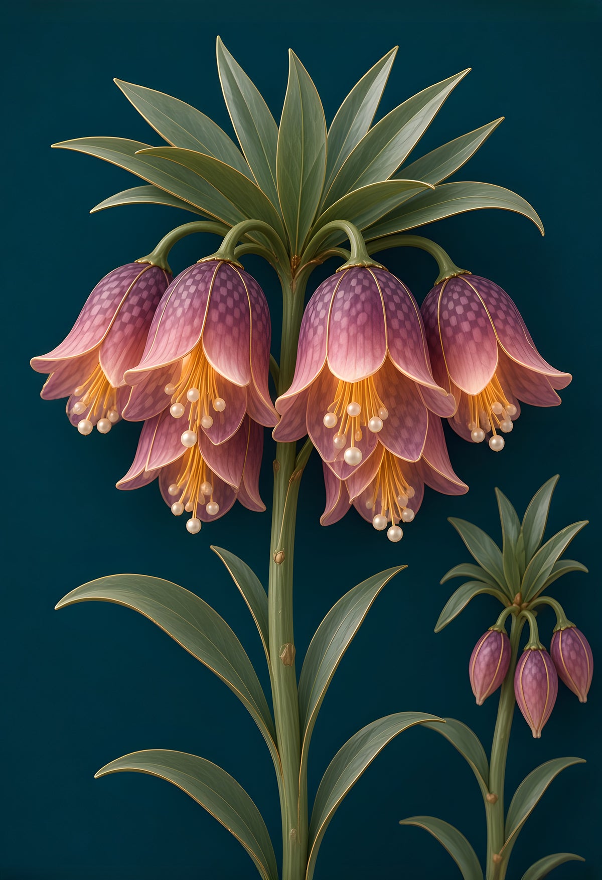 Rose Crown Imperial — a rose-to-plum crown imperial fritillaria with checkered bells under a crown of sage leaves on deep teal