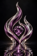 Faceted amethyst heart in a crystal flame sculpture reflected on dark water