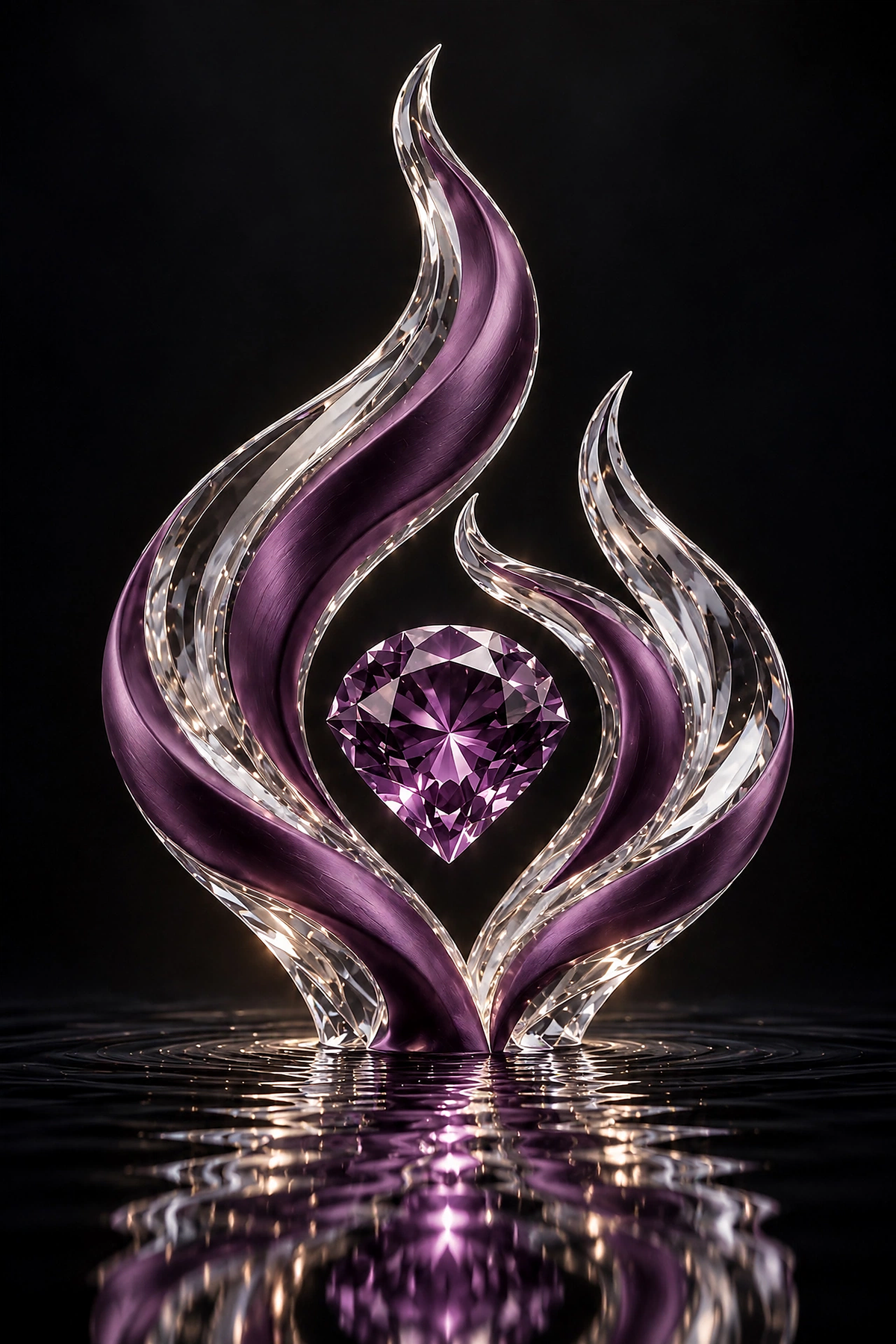Faceted amethyst heart in a crystal flame sculpture reflected on dark water