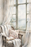 Window Seat Reverie — a floral armchair with soft throws, an open book and a teacup by a sunlit coastal window