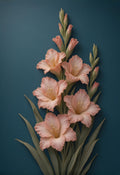 Coral Gladiolus — a tall spike of coral-pink porcelain-relief gladiolus blooms climbing toward closed buds on deep teal
