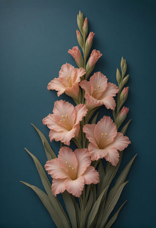 Coral Gladiolus — a tall spike of coral-pink porcelain-relief gladiolus blooms climbing toward closed buds on deep teal