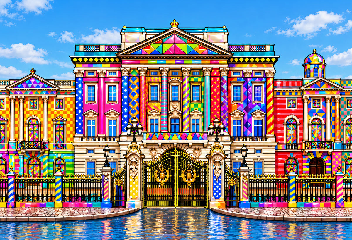 Royal Gate of the Rainbow Palace — a neoclassical palace with a facade of rainbow stripes and mosaic patterns behind a wrought-iron gate