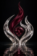 Faceted garnet heart in a crystal flame sculpture reflected on dark water