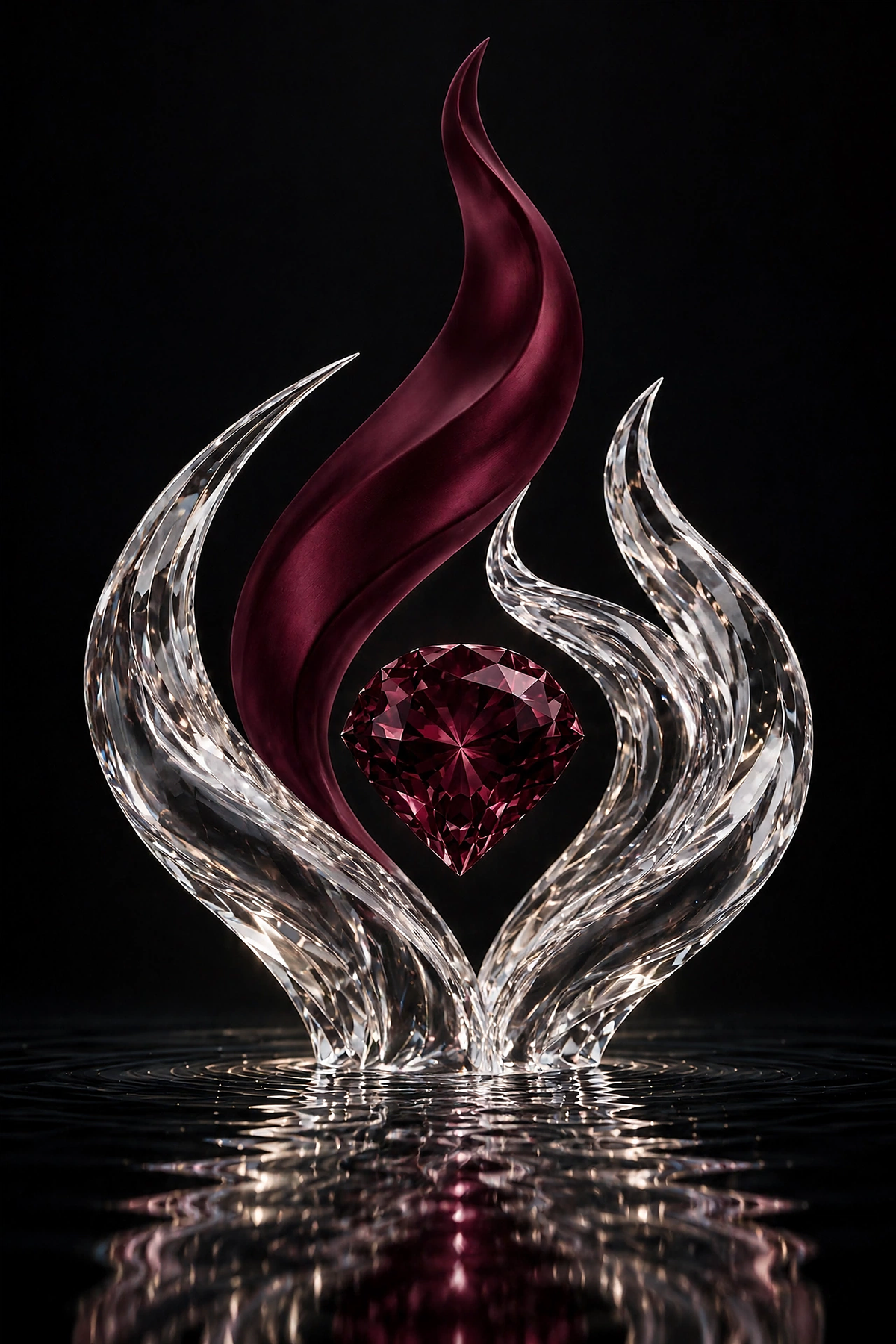 Faceted garnet heart in a crystal flame sculpture reflected on dark water