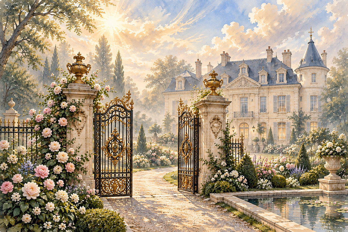 La Grille du Château — ornate gilded gates opening onto a château garden with pink roses and a reflecting pond in golden light