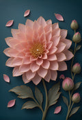 Blush Dahlia — a blush pink porcelain-relief dahlia with a golden heart, drifting petals and a stem of buds on deep teal