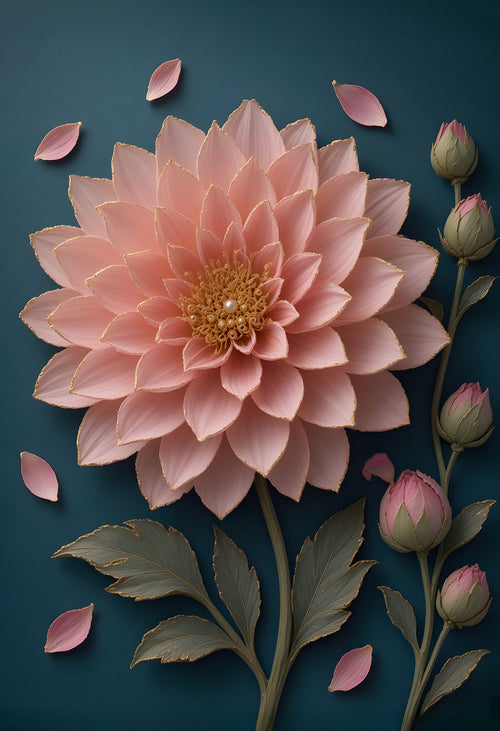 Blush Dahlia — a blush pink porcelain-relief dahlia with a golden heart, drifting petals and a stem of buds on deep teal