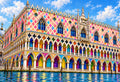 Doge's Palace in Diamond Patterns — the Doge's Palace with a pink and white diamond-patterned facade and Gothic arcades above sparkling water