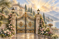 Villa sur le Lac — a golden gate between rose-covered pillars overlooking a lakeside villa and mountains at sunrise