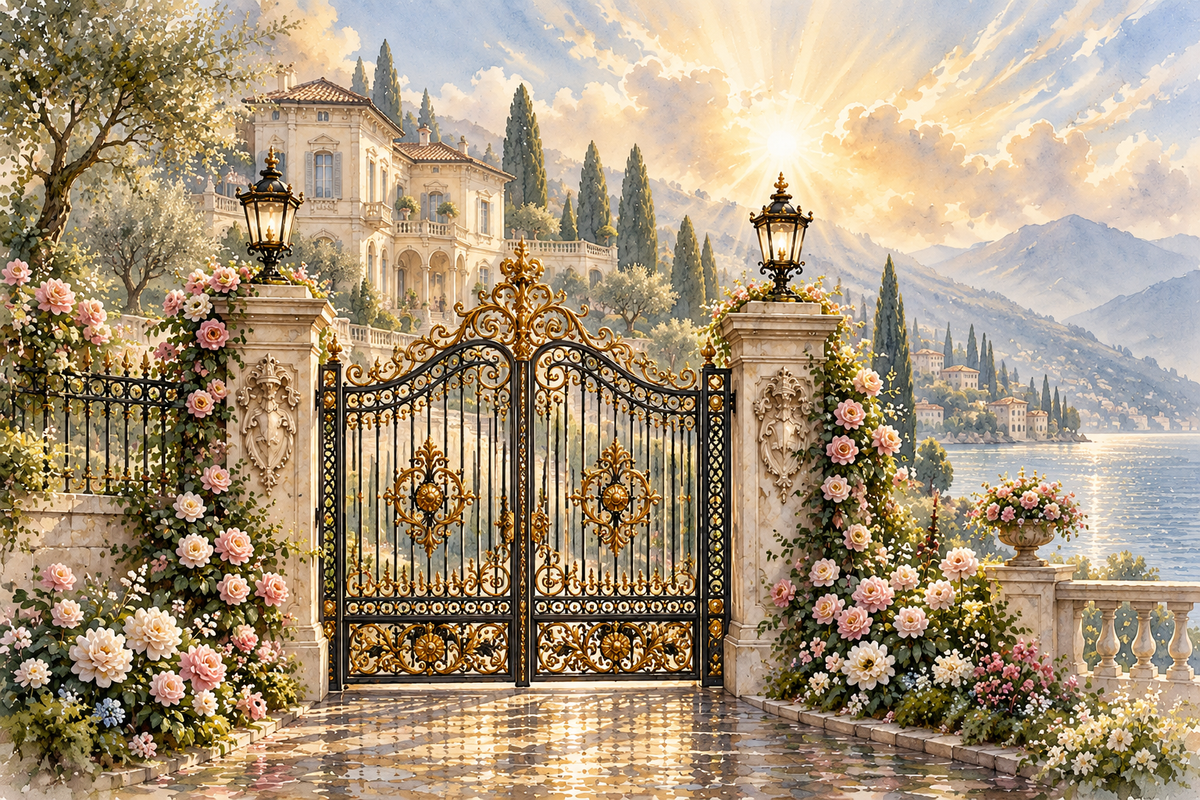 Villa sur le Lac — a golden gate between rose-covered pillars overlooking a lakeside villa and mountains at sunrise