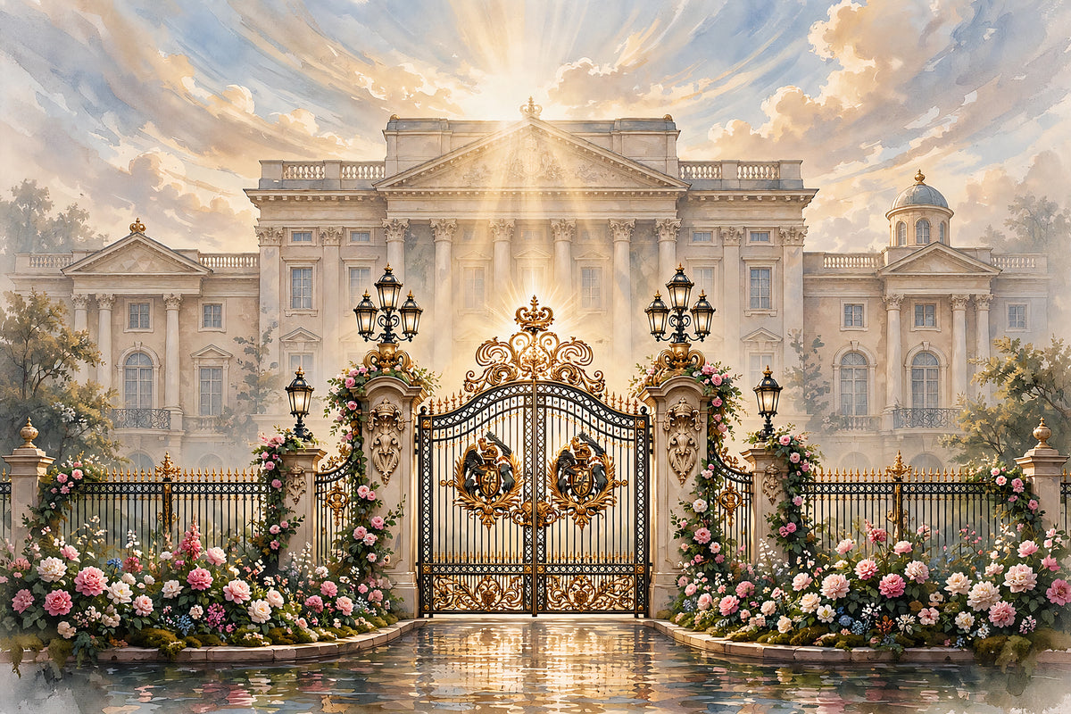 Le Portail Royal — a gilded royal crested gate with lanterns before a classical palace, framed by pink roses
