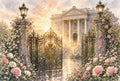L'Entrée des Roses — gilded gates with lanterns opening toward a sunlit palace staircase, wrapped in pink and ivory roses