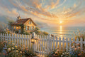 Cottage au Bord de la Mer — a seaside cottage behind a white picket fence with a glowing lantern and wildflowers at sunset