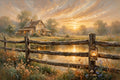 Lanterne du Soir — a lantern on a weathered wooden fence by a still pond, a farmhouse glowing in the evening light