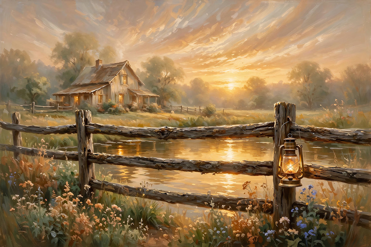 Lanterne du Soir — a lantern on a weathered wooden fence by a still pond, a farmhouse glowing in the evening light