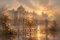 Grille d'Or — a sweeping golden scrolled fence with climbing roses before a baroque palace at sunrise