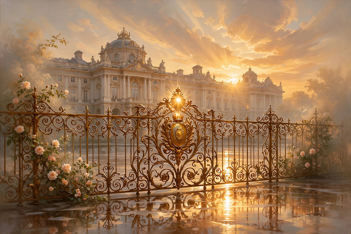 Grille d'Or — a sweeping golden scrolled fence with climbing roses before a baroque palace at sunrise