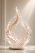Blush Flame – luminous blush and champagne crystal glass sculpture in a flame shape with a circular base, bathed in soft light
