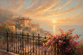 Balcon Méditerranéen — pink bougainvillea over a wrought-iron balcony above a Mediterranean village and a sunset sea