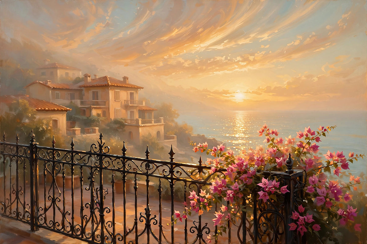 Balcon Méditerranéen — pink bougainvillea over a wrought-iron balcony above a Mediterranean village and a sunset sea