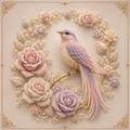 Blossom Reverie – lavender and blush songbird on a golden branch surrounded by a wreath of pearl roses in pink, ivory and lilac