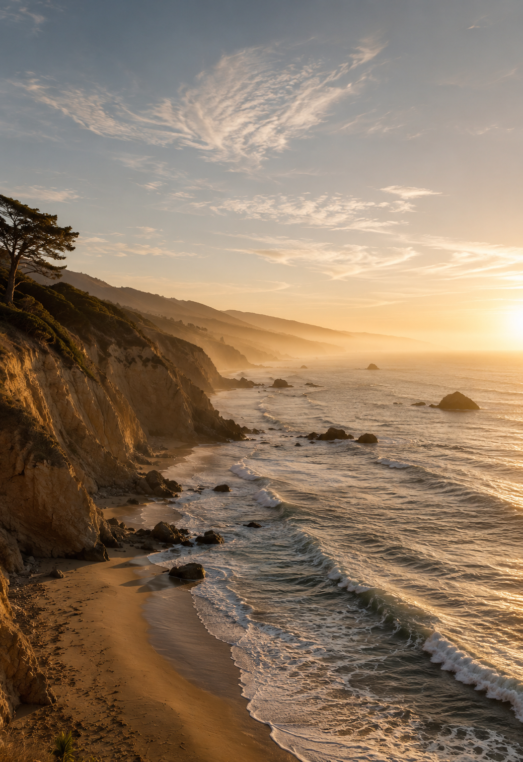 The Golden Cliff – rugged coastal cliff with a solitary cypress tree bathed in amber golden hour light, waves below