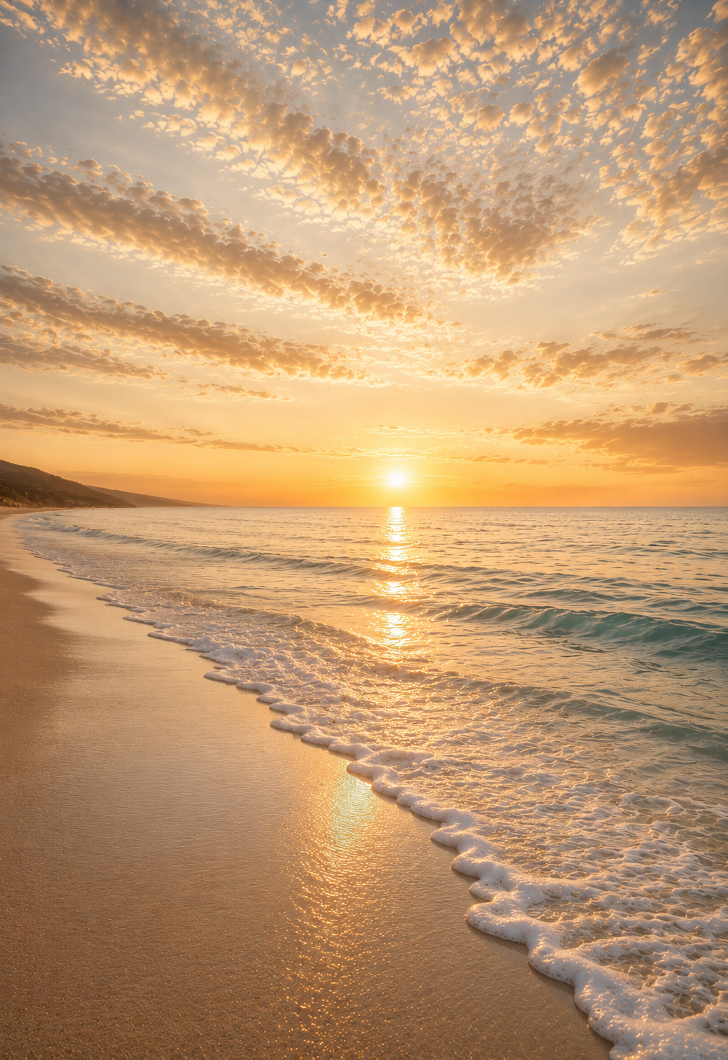 The Open Horizon – wide open beach at sunrise with golden sky, mackerel clouds, and sun reflecting on wet sand