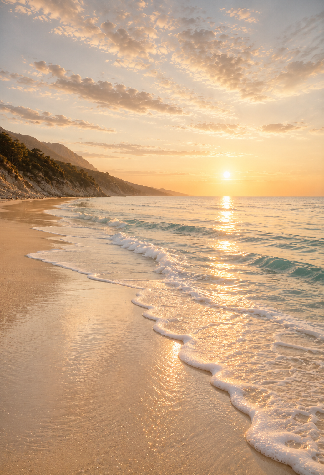 Soft Landing – gentle beach curving along a golden shoreline with lush green cliffs in the distance and soft afternoon light
