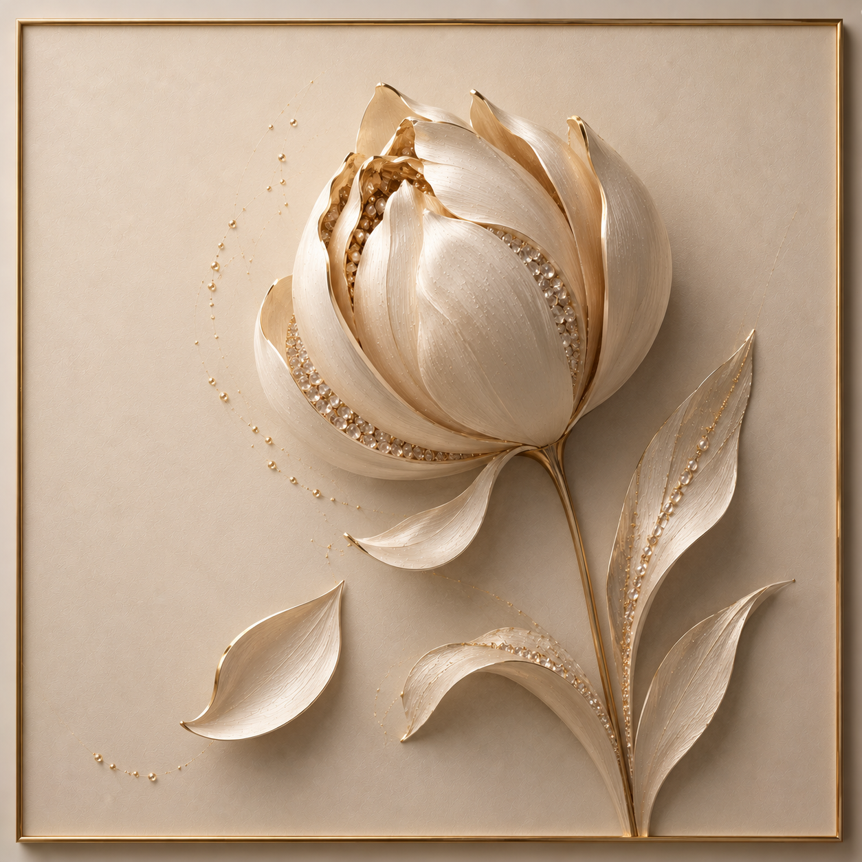 The Ivory Bloom – sculptural ivory peony with layered petals, pearl details and gold leaf edges on a warm beige background