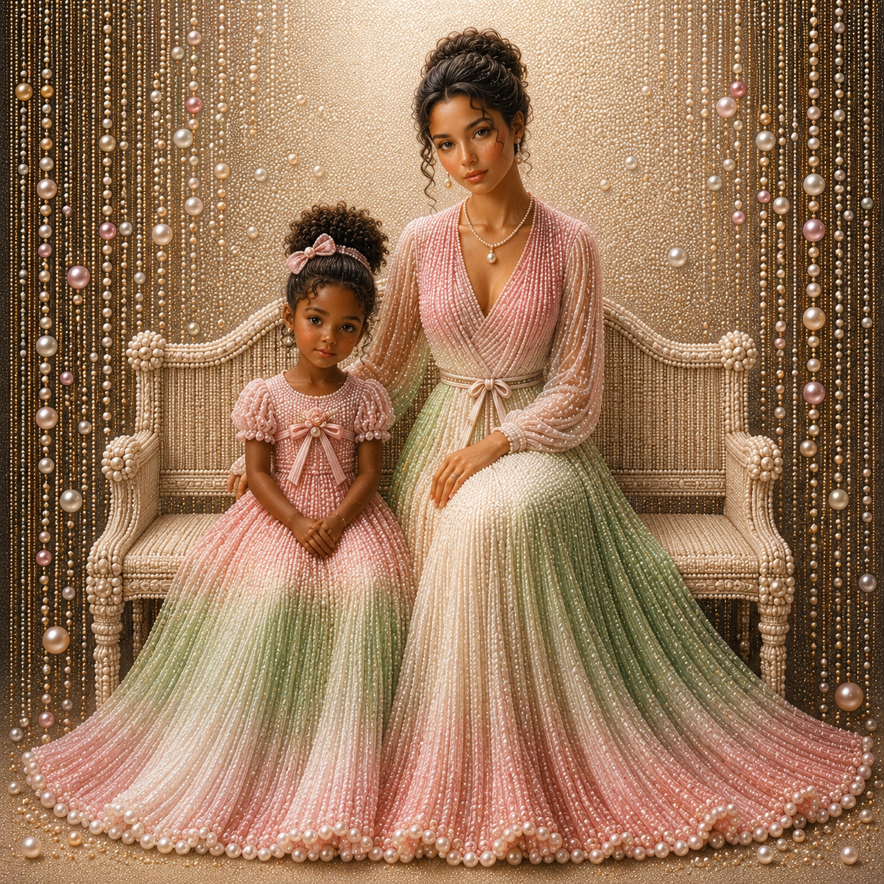 Her First Pearl – mother and daughter in blush pink and sage green pearl gowns seated on a pearl-encrusted bench with cascading pearl curtain backdrop