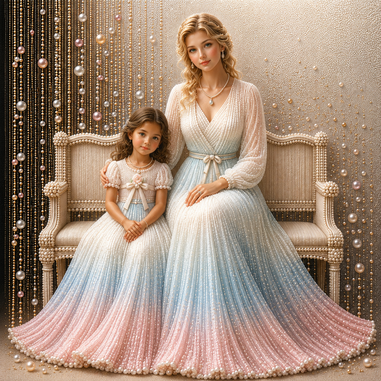 Tender Lineage – mother and daughter in blue and blush pink pearl gowns seated together with cascading pearl curtain backdrop